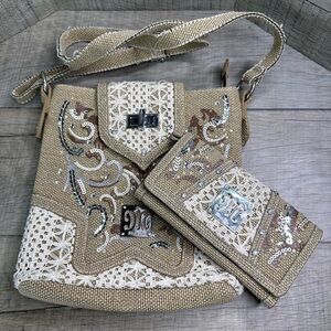 Miss Me Burlap Embellished crossbody and matching wallet